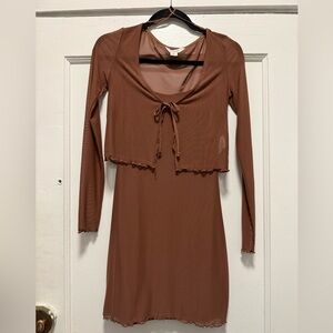 Brownish-Mauve Bodycon Mini Dress with Matching Mesh Cardigan
